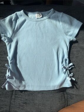 Zara Light Blue Ribbed Tee with Side Tie Details